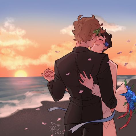 Dream And George, Dream And Georgenotfound Fanart Ship, Sunset Beach Wedding, Mc Wallpaper, Team Wallpaper, Wink Wink, Dream Artwork, Lgbt Art, Minecraft Fan Art