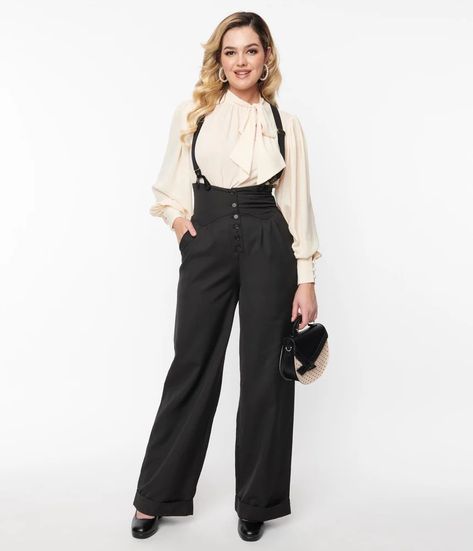 Unique Vintage Uv Clothing, Black Suspenders, Suspender Pants, Black Off Shoulder, Black Silhouette, 1930s Fashion, 1920s Fashion, Wide Legs, Retail Therapy