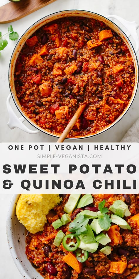 Sweet Potato Quinoa Chili, Quinoa Chili Recipe, Burger Vegetarian, Sweet Potato Quinoa, Vegan Chili Recipe, Slow Cooker Sweet Potatoes, Quinoa Chili, Healthy Sweet Potato, Vegan Slow Cooker