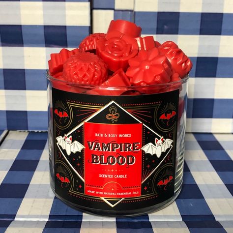 Vampire Blood Wax Melts Blood Red Strawberry, Midnight Blooming Jasmine, Dark Transylvanian Plum With Natural Essential Oils 10-12 Wax Melts Approximately 2 Ounces ~Wax Melts Are The Size Of A Quarter~ Jar Not Included Made With An Unburned Bath And Body Works Candle Wax May Experience Changes While In Transit And That Is Completely Out Of My Control. Wax Melts That Look Like Food, Bath And Body Works Vampire Blood, Vampire Stuff, Jelly Wax Melts, Blood Candles, Sprinkles Candle, Globe Candle Holder, White Barn Candle, Unicorn Sprinkles