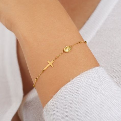 Gold Cross Bracelet, Bracelet Rosary, Gold Rosary, Catholic Jewelry, Rosary Bracelet, White Gold Bracelet, Miraculous Medal, Dainty Bracelets, Cross Bracelet