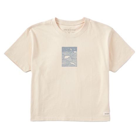 Women's Woodblock Ocean Scene Boxy Crusher Tee Ocean Scenes, Fabric Tape, Help Kids, Children In Need, Knit Tees, Knitting Women, Cute Shirts, Cotton Spandex, Aesthetic Clothes