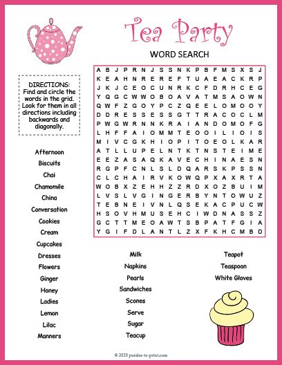 Free Printable Tea Party Word Search Girls Tea Party Birthday Games, Tea Party Word Search Free Printable, Games For Tea Party Free Printable, Tea Etiquette Printable, Tea Party Themes For Adults, Tea Party Scavenger Hunt, Free Tea Party Printables, Women’s Ministry Tea Party, Tea Party Bingo Free Printable