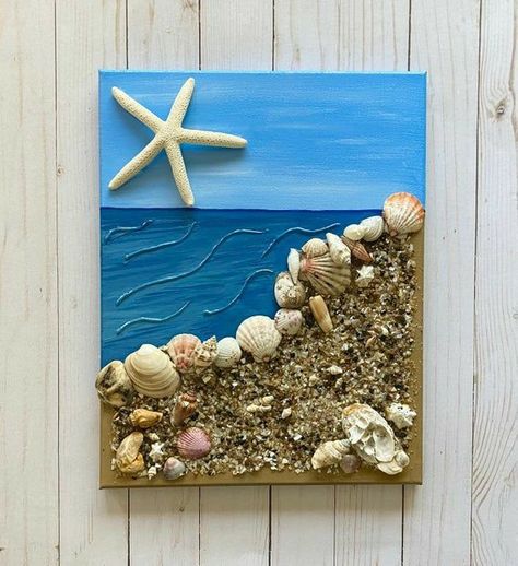 Canvas Art 3d, Seashell Art Diy, Beach Crafts Diy, Sea Shells Diy, Beach Themed Crafts, Seashell Wall Art, Art Coquillage, Seashell Projects, Shells Diy