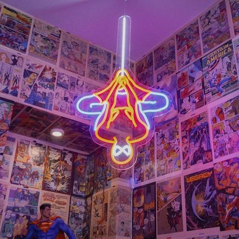 Led Shape Lights, Neon Superhero, Marvel Home Decor, Marvel Room Decor, Party Room Decor, Spiderman Room, Superhero Decorations, Spiderman Gifts, Neon Sign Wall