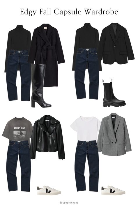 Rocker Chic Capsule Wardrobe, Rocker Capsule Wardrobe, Edgy Chic Outfits, Fall Capsule Wardrobe 2022, Edgy Chic Style, Edgy Capsule Wardrobe, Fall Capsule Wardrobe 2023, Edgy Classic Style, Black Capsule Wardrobe