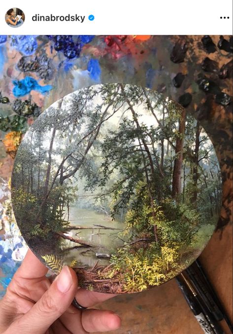 Round Landscape Painting, Landscape Paintings Acrylic Canvases, Circular Paintings, Round Canvas Painting, Dina Brodsky, Circular Canvas Painting, Circular Painting, Round Painting, Circular Canvas