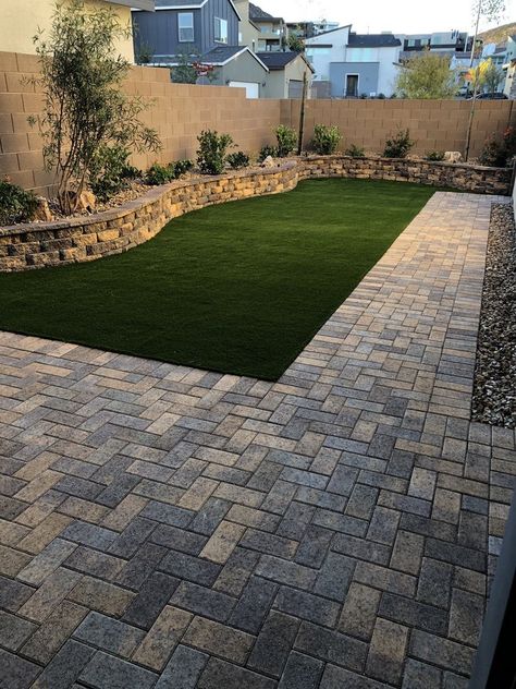 Small Turf Backyard, Turf Small Backyard, Rectangle Backyard Landscape Plans, Backyard Patio And Landscape Ideas, Backyard Landscaping Artificial Turf, Half Concrete Half Grass Backyard, Backyard With Turf And Pavers, Small Backyard Landscaping No Grass Design, Concrete Backyard Ideas Landscaping