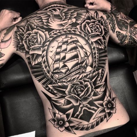 Traditional Nautical Tattoo, Traditional Back Tattoo, Traditional Ship Tattoo, Tato Tradisional, Tattoo Son, Backpiece Tattoo, Sailor Tattoos, Traditional Style Tattoo, Back Piece Tattoo