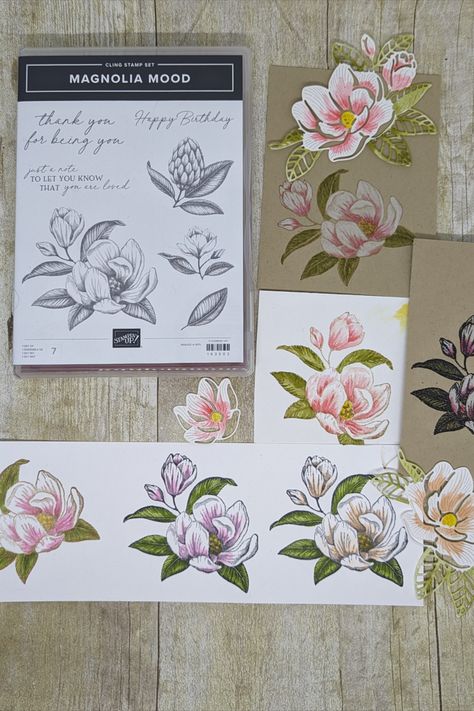 trying different ways to color the magnolia, all look so nice! see more in my video. Stampinup Magnolia Mood, Su Magnolia Mood Cards, Su Magnolia Mood, Stampin Up Magnolia Mood, Magnolia Mood Stampin Up Cards, Mood 2024, Flower Magnolia, Mood Card, Magnolia Colors