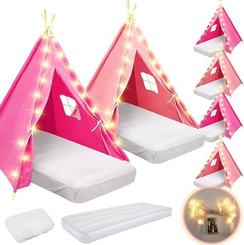 Amazon.com: Lemosae 6 Pack Teepee Tent for Kids Bulk with Inflatable Airbed,String Light and Fitted Sheet, Natural Cotton Washable Toddler Play Tent for Girls Boys Slumber Party Indoor Outdoor(Pink, White) : Toys & Games Toddler Play Tent, Toddler Teepee, Toddler Tent, Birthday Sleepover Ideas, Childrens Teepee, Sweet Sixteen Birthday Party Ideas, Kids Teepee Tent, Sleepover Birthday Parties, Cute Birthday Ideas