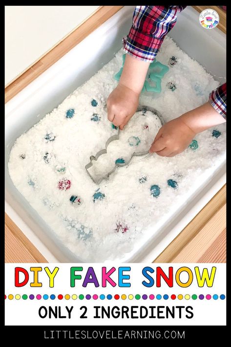 DIY Fake Snow Recipe for messy play that only needs 2 ingredients! This EASY recipe can be made in less than 2 minutes & is the perfect winter sensory play idea for preschool, pre-k, & kindergarten. You probably already have these simple ingredients at home (baking soda & white hair conditioner) that you mix together to create silky-smooth & COLD fake snow! Pair this DIY Snow with any FREE winter preschool printable (this post includes 4 freebies) for hours of learning, play, and FUN! #sensory Polar Animals Activities, Play Snow Recipe, Fake Snow Recipe, Winter Sensory Play, Sensory Snow, At Home Baking, Winter Sensory Bin, Messy Play Activities, Snow Recipe