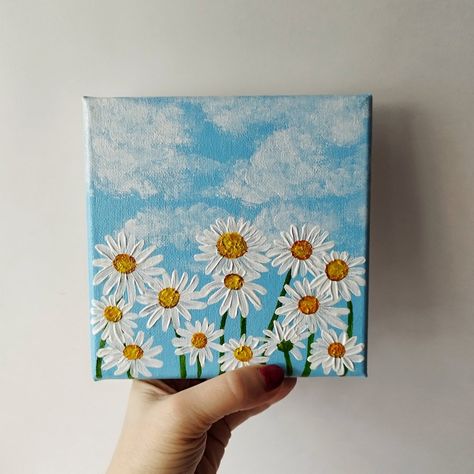 Acrylic on canvas 6*6" Canvas Painting Ideas Daisy, Small Square Canvas Art, 4x4 Canvas Paintings, Small Square Painting Ideas, 4x4 Canvas Painting Ideas, Small Square Canvas Painting Ideas, 4x4 Paintings, Square Canvas Painting Ideas, Square Canvas Painting