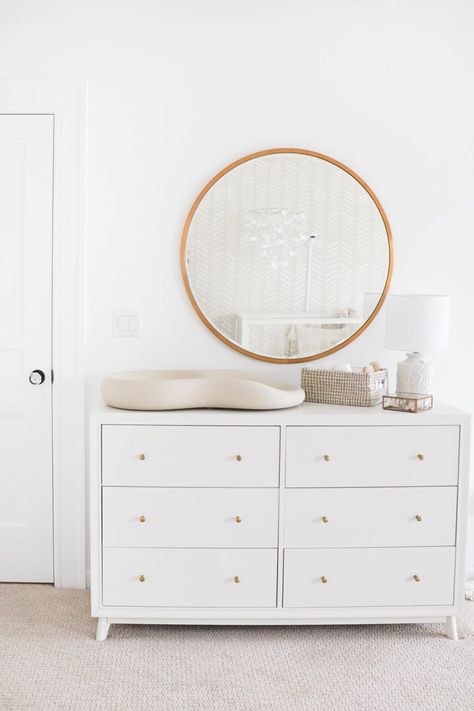 White Crib Nursery, Neutral Girl Nursery, Nursery Dresser Decor, Pottery Barn Nursery, Affordable Nursery, Cozy Baby Room, Peaceful Space, Baby Nursery Inspiration, White Crib