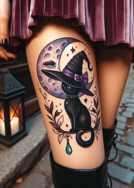 Inscribe the bond between witch and familiar on your skin – a hat-wearing cat forever by your side. Witches Cat Tattoo, Ocean Witch Tattoo, White Witch Tattoo, Gothic Cat Tattoo, Witch And Familiar, Witch Tattoos For Women, Witchy Cat Tattoo, Wicca Elements, Witch Hat Tattoo