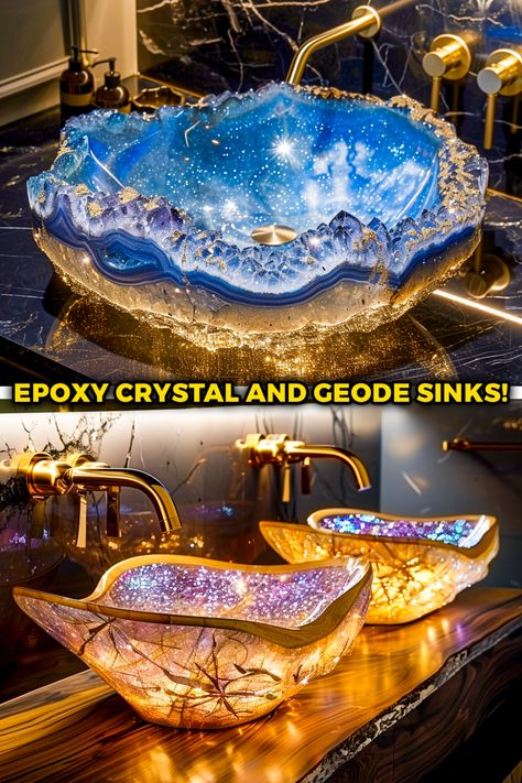 Dive into the enchanting world of epoxy crystal geode sinks. ✨ Discover the allure of these stunning fixtures that seamlessly blend the beauty of crystals with the artistry of epoxy, transforming your space into a masterpiece. Elevate your home with this unique fusion of nature-inspired elegance and craftsmanship. #EpoxyCrystalGeode #SinkDesign #HomeDecor #InteriorAesthetics #ArtistryInDesign Diy Sink, Epoxy Crystal, Crystal Furniture, Bathroom Sink Diy, Diy Privacy Screen, Unique Sinks, Boat Interiors, Fantasy Furniture, Craft Room Furniture