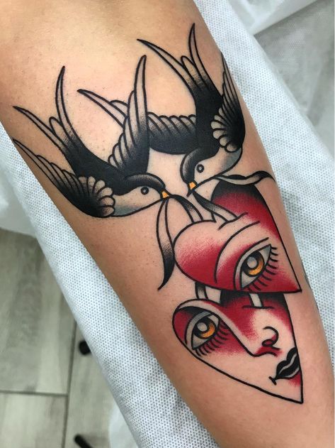 Swallow Tattoo Meaning, Tattoo Plume, Traditional Swallow Tattoo, Swallow Tattoos, Swallow Tattoo Design, Traditional Heart Tattoos, Designs With Meaning, Traditional Style Tattoo, Swallow Tattoo