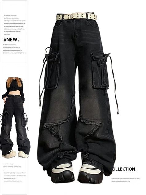 30.8US $ 44% OFF|Women's Black Gothic Baggy Cargo Jeans with Star Harajuku Y2k 90s Aesthetic Denim Trousers Emo 2000s Jean Pants Vintage Clothes| |   - AliExpress Emo Pants, Jeans With Star, Y2k 90s Aesthetic, 2000s Jeans, Baggy Cargo Jeans, Emo 2000s, Harajuku Aesthetic, Hip Hop Pants, Winter Jeans