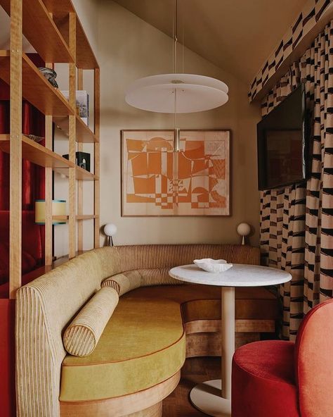 All Posts • Instagram Fabric Wrapping, Red Drapes, Neutral Color Palette, Yellow Curtains, Honey Yellow, Sight Unseen, Private Dining Room, The Lobby, Dining Nook