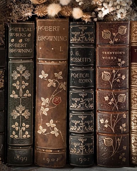 Old poetry book spines with antique fine bindings from the Victorian era Dark Academia Aesthetic, Academia Aesthetic, Old Books, Dark Academia, Tumblr, Books, Flowers, White