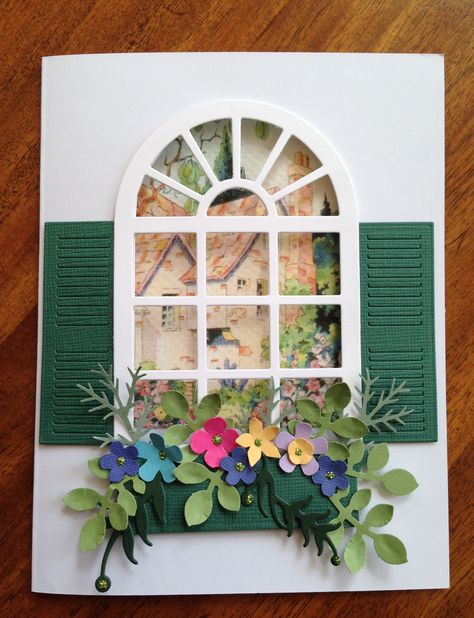 Window Paper Craft, Window Cards Handmade, Window With Flowers, Garden Scrapbook, Garden Conservatory, Window Shutter, Garden Window, Window Cards, Die Cut Cards