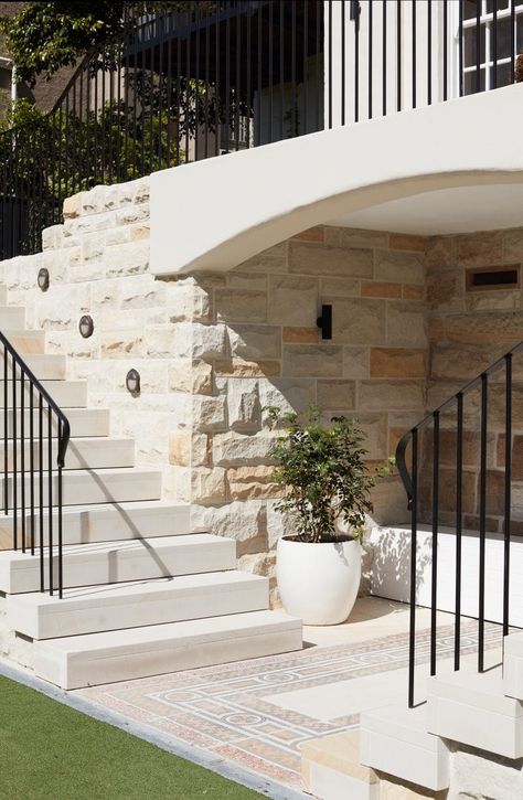 Stone House Stairs, Exterior Stairs Ideas, Balcony Stairs Outdoor, House Exterior Stairs, Exterior Staircase Design, Stone Stairs Outdoor, Sandstone House Exterior, Exterior Stairs Architecture, Exterior Stairs Design