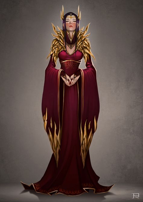 Cyar'een, the Golden Empress,  on ArtStation at https://www.artstation.com/artwork/4bwy6q Empress Concept Art Character Design, Sci Fi Empress, Royal Character Design Queen, Gold Dress Drawing, Gold Fantasy Armor, Fantasy Queen Outfit, Queen Poses Drawing, Fantasy Dress Concept Art, Character Design Queen