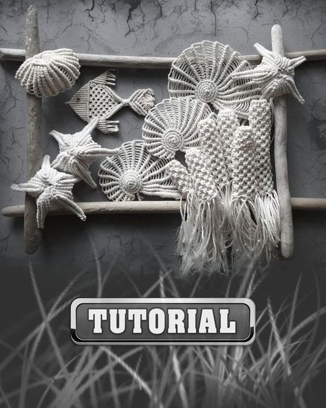 Beach Macrame Patterns, Sea Turtle Macrame Wall Hanging Tutorial, Ocean Macrame Diy, Macrame Shells Tutorial, Seashell Macrame Wall Hanging, Macrame Seashell Tutorial, Macrame With Seashells, Macrame Octopus Tutorial, Macrame Whale Tutorial