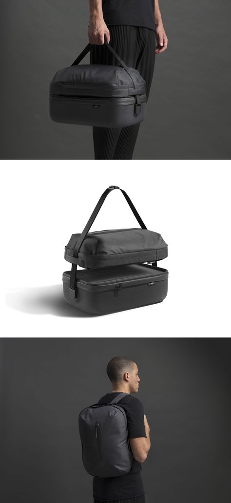 An ingenious modular backpack and travel bag design you’ll want to take with you everywhere.  Established by Hong Kong-based studio Pinn, Oda is a new brand that aims to make products for better living, working, and traveling. Their first product fulfills all of these goals, and then some. Designed by Benjamin Hubert of London-based @layer_design, Hop is a cleverly engineered modular backpack and travel bag system that effectively provides a 3-in-1 product.  #productdesign #minimal #travelbag Innovative Bag Design, Modular Bag Design, Modular Product Design, Travel Bag Design, Backpack Design Concept, Modular Clothing, Futuristic School, Modular Bag, Modular Backpack