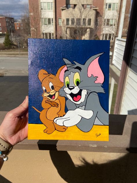 Canvas Painting Tom And Jerry, Sketch Tom And Jerry, Tom And Jerry Acrylic Painting, Tom And Jerry Painting Ideas, Tom Jerry Painting, Tom And Jerry Painting On Canvas Easy, Mini Canvas Art Easy Cute Cartoon, Tom And Jerry Painting On Canvas, Tom And Jerry Drawing Sketches