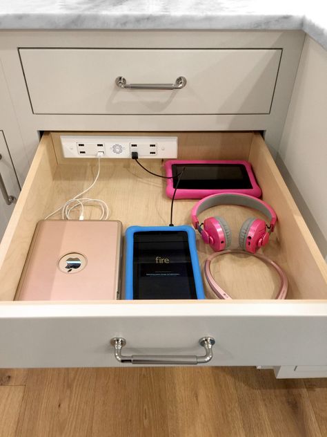 A Smart Solution For Charging Devices With Docking Drawer Drawer Outlet, Charging Drawer, Cabinet Outlet, Docking Drawer, Diy Dream Home, Dream Bathroom Vanity, Counter Clutter, Printers Drawer, Frameless Cabinets