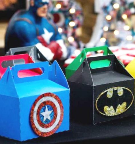 To end our list we've found a fun way to make your own superhero party favor boxes that is quick and easy and looks amazing.Just add some superhero symbols to a bunch of colorful takeout boxes and you've got a cool themed party favor box! See more party ideas and share yours at CatchMyParty.com #catchmyparty #partyideas #superheroparty #superheropartyfavorboxes Superhero Party Favors, Superman Party, Superheroes Party, Marvel Birthday Party, Marvel Party, Avenger Birthday Party, Batman Birthday Party, Avengers Party, Batman Party