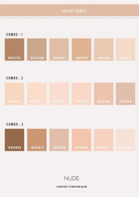 Nude Colour Scheme : A beautiful soft and light colour scheme in shades of skin tone. Nude Colour Scheme Nude Colour Hex Nude refers to the colour of skin which has many various tones, mostly referring to medium brown to light brown. It's a great accent colour for any other shade. Skin Color Palette Hex Code, Skin Color Hex Code, Skin Color Codes, Nude Palette Color, Nude Colour Palette, Nude Color Palette, Nude Colour, Pantone Colour Palettes, Hex Color Palette