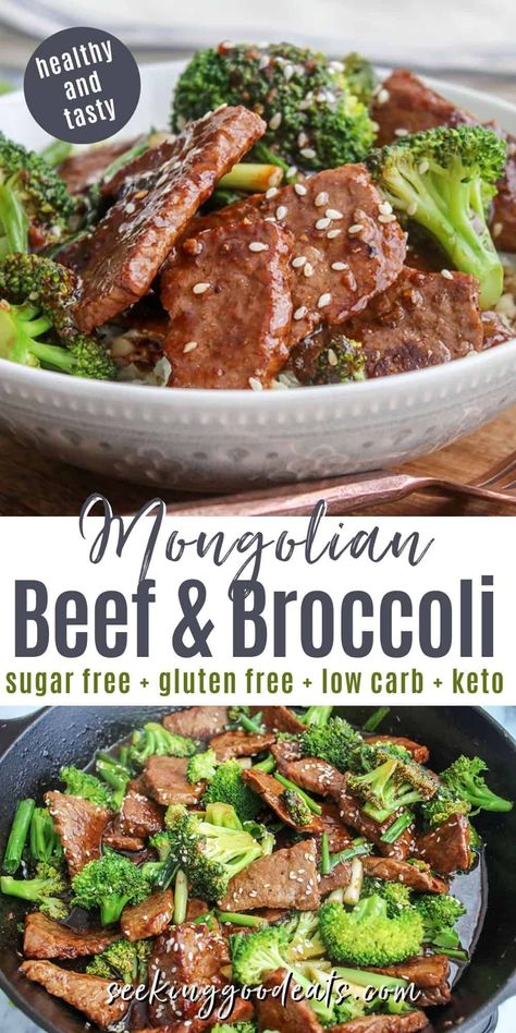 Mongolian Broccoli and Beef Recipe is so delicious and loaded with flavor! A low carb and keto Chinese recipe that is perfect when you're craving Chinese takeout but want to stay healthy! This keto recipe is made with tender beef and broccoli, and a yummy Asian recipe sauce that is perfect over cauliflower rice!  #seekinggoodeats #keto #lowcarb #beef #broccoli #dinner #chineserecipe #skillet #healthydinner #sugarfree #asianrecipe Broccoli And Beef Recipe, Tasty Beef And Broccoli, Broccoli And Beef, Keto Chinese, Broccoli Dinner, Recipe Sauce, Healthy Low Carb Snacks, Beef Broccoli, Asian Recipe