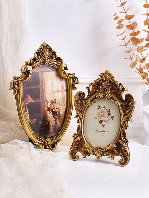 1pc European Classical Style Golden Lace Oval Shaped Decorative Picture Frame, With A Random Mat, For Home Decoration And Photo Display Gold    ABS     Home Decor, size features are:Bust: ,Length: ,Sleeve Length: Golden Picture Frames On The Wall, Antique Fashion Vintage Style, Bedroom Wedding Photo Display, Vintage Antique Decor, Princess Nursery Theme, Fairy Portal, Vintage Oval Frame, Victorian Picture Frames, Antique Photo Frames