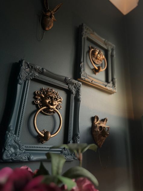 Teal wall, labyrinth door knockers, wall art, brass rabbit, brass bear, alcove, alcove art Moody Decor, Dark Home Decor, Fabulous Diy, Goth Home, Goth Home Decor, Dark Home, Inspire Me Home Decor, Budget Bathroom, Gothic Decor