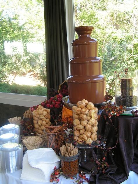 Chocolate Fountain Bar Chocolate Fountain Wedding, Wedding Hot Chocolate Bar, Chocolate Fountain Bar, Fondue Chocolate, Chocolate Fountain Recipes, Receptions Ideas, Fountain Wedding, Chocolate Fondue Fountain, Fondue Fountain