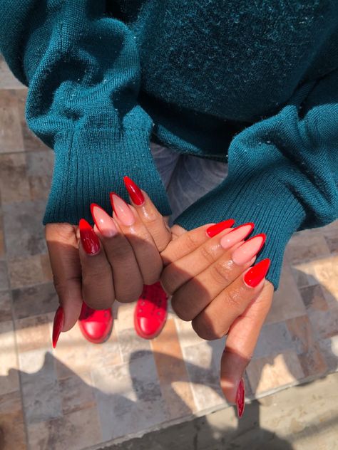 Summer Red French Nails, Red Dope Nails, Red Design Nails Almond, Red And Silver Almond Nails, Apple Red Nails Acrylic, Red Vegas Nails, Red October Nails, Red On Red Nails, Cute Simple Red Nails