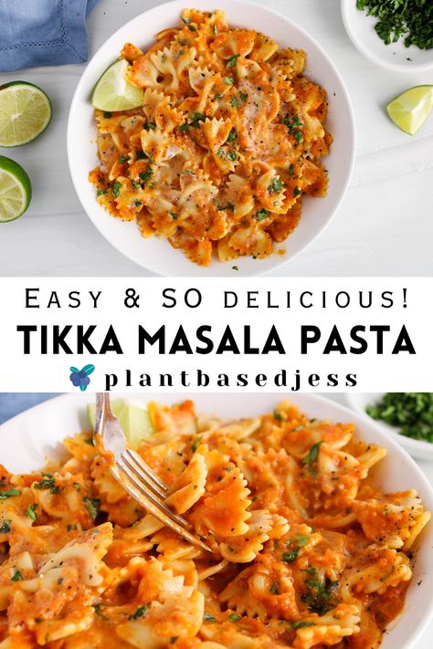 View on a bowl of vegan tikka masala pasta. Coconut Milk Tikka Masala, Creamy Pasta With Coconut Milk, Tikka Masala Pasta, Meal Ideas Indian, Easy Tikka Masala, Pasta With Coconut Milk, Coconut Pasta, Easy Vegan Pasta Recipes, Indian Style Pasta