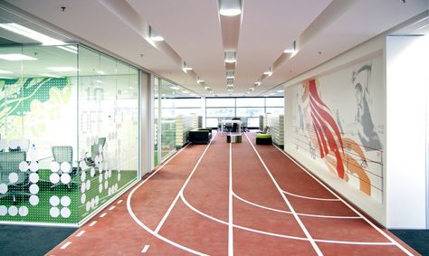 Wall and Glass Graphics, ASICS Australia, THERE Design Indoor Running Track, Sports Office, Corporate Interior Design, Office Design Inspiration, Running Track, Environmental Graphic Design, Corporate Interiors, Office Branding, Workplace Design