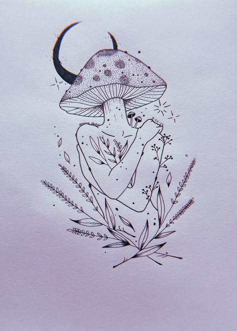 Lady With Mushroom Head Tattoo, Mushroom Head Woman Tattoo, Shadow Work Tattoo, Mushroom Woman Drawing, Naked Mushroom Lady Drawing, Mushroom Head Woman, Mushroom Woman Tattoo, Mushroom Lady Drawing, Lighter Case Ideas