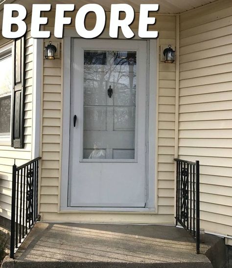 If you want to add some curb appeal to your outdated entrance check out the before and after transformation to this old wooden and glass door. #frontdoor #makeover #diy Front Stoop Ideas, Front Door Transformation, Door Update, Topiary Diy, Front Stoop, Painting House, Front Door Makeover, Old Picture Frames, Easy A