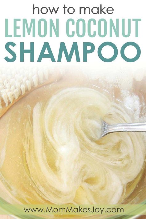 Learn to make your own organic lemon coconut shampoo! Inexpensive and great for your hair, this lemon coconut shampoo will be your new favorite. | DIY Bath and Body | Organic shampoo | SLS Free SLES Free No Parabens | Mom Makes Joy How To Make Shampoo, Diy Shampoo Recipe, Diy Shampoo Bar, Homemade Natural Shampoo, Shampoo Bar Recipe, Baking Soda For Hair, Easy Soap Recipes, Natural Shampoo And Conditioner, Coconut Shampoo