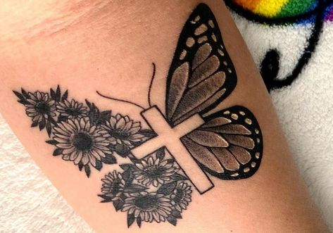 Cross Butterfly Tattoo For Women, Butterfly Tattoo With Scripture, Hope Butterfly Tattoo, Cross With Butterflies Tattoo, Tattoo Ideas Female Sleeve Butterflies, Cross And Butterfly Tattoo For Women, Butterfly Mom Tattoo, Cross Tattoo With Butterflies, Butterfly With Cross Tattoo