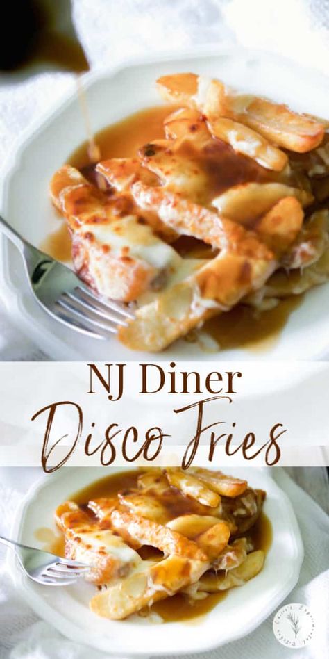 Steak cut french fries fried until golden brown; then topped with brown gravy and mozzarella cheese and baked until the cheese is melted and gooey. #potatoes #discofries #poutine #nj #sides #gravy French Frys, Disco Fries, Gravy Fries, Steak Breakfast, Broccoli Bites, Pork Chops And Gravy, Potato Gravy, French Fries Recipe, Vegetable Side Dishes Recipes