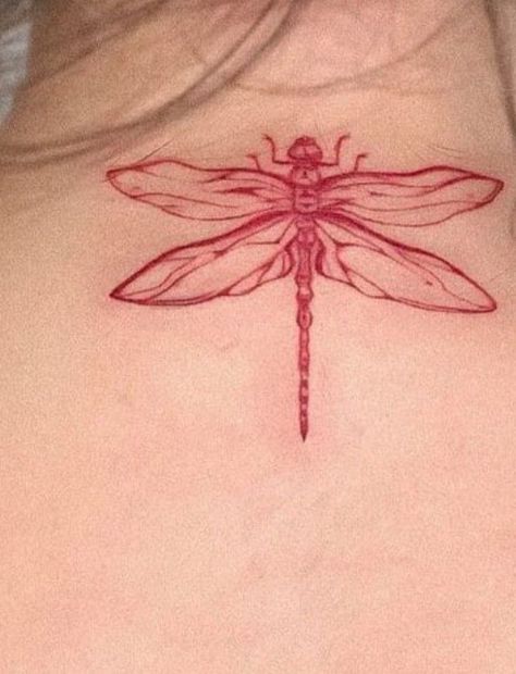 Dragonfly Red Tattoo, Thigh Dragonfly Tattoo, Dragon Fly Wing Tattoo, Cute Dragon Fly Tattoo, Dragon Fly Tattoo Sternum, Dragon Fly Wings Tattoo, Dragon Fly Tattoo Ideas, Red Dragon Fly Tattoo, Dragon Fly Hand Tattoo