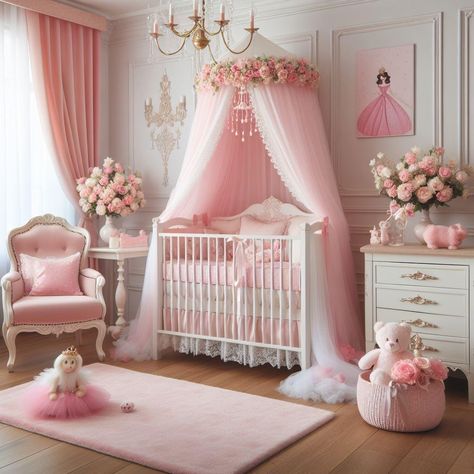 Pink Princess Nursery Ideas, Princess Baby Room, Pink Princess Nursery, Baby Girl Room Decorating Ideas, Princess Nursery Room, Nursery Guest Room Combo, Pink Baby Room, Nursery Guest Room