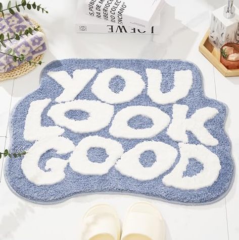 ELDONE You Look Good Bath Mat - Cute Light Blue Bathroom Rugs Non Slip Washable, Blue Bathroom Decor, Bedroom Decor Aesthetic, Funny Funky Trendy Blue and White Bathroom Mats 25" x 21" White Bathroom Mat, Blue And White Bathroom, Blue Bathroom Rugs, Funky Bathroom, Light Blue Bathroom, Funny Bath Mat, Y2k Room Decor, Blue And White Rug, Blue Bathroom Decor