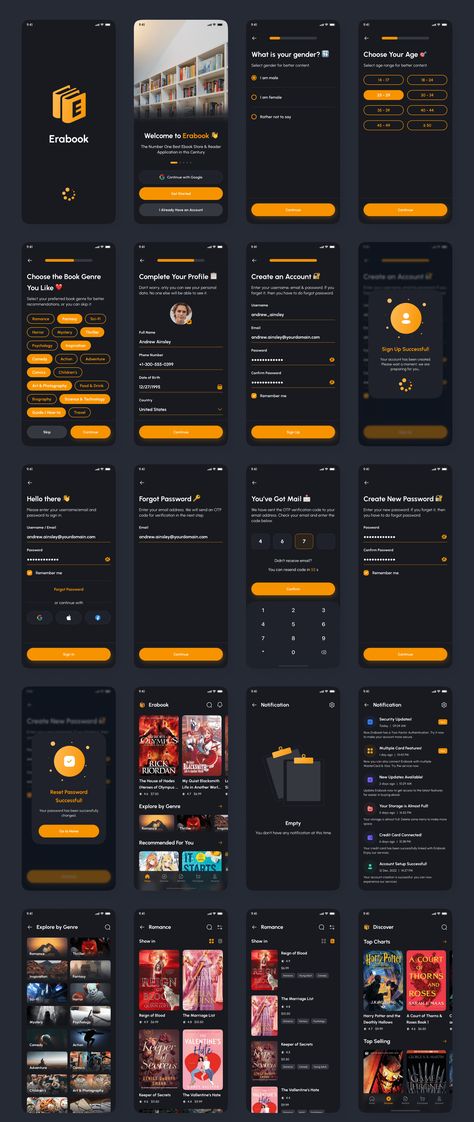 Erabook - Ebook Store & Reader App UI Kit — Figma Resources on UI8 Library App Design, Book App Design, Onboarding Screens Ui Design, Book App Ui, App Ui Design Inspiration, Ux Design Mobile App, App Mobile Design, Design System Ui, E Book Design