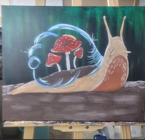 Fairy Painting Acrylic Easy, Psychodelical Art, Witchy Painting Ideas Easy, Fairy Acrylic Painting, Witchy Painting Ideas, Snail Fairy, Witchy Painting, Mystical Paintings, Mushroom Snail